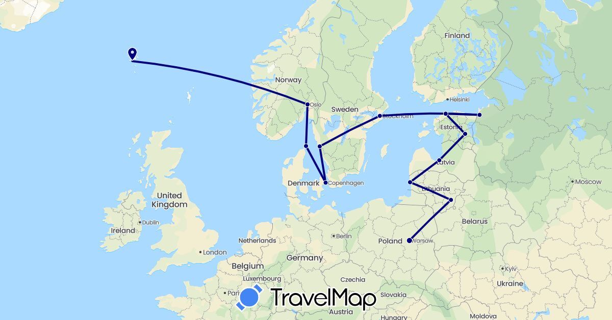 TravelMap itinerary: driving in Denmark, Estonia, Faroe Islands, Lithuania, Latvia, Norway, Poland, Sweden (Europe)